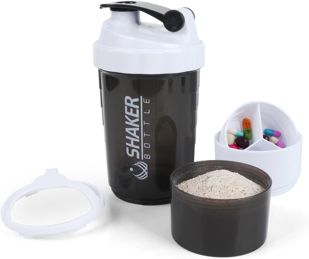 Bouteille Shaker - Protein Shaker Cup avec compartiments de stockage - Bouteilles Shakeout étanches avec mélangeur pour mélange lisse-500ML/16oz (WHITE & BLACK)
