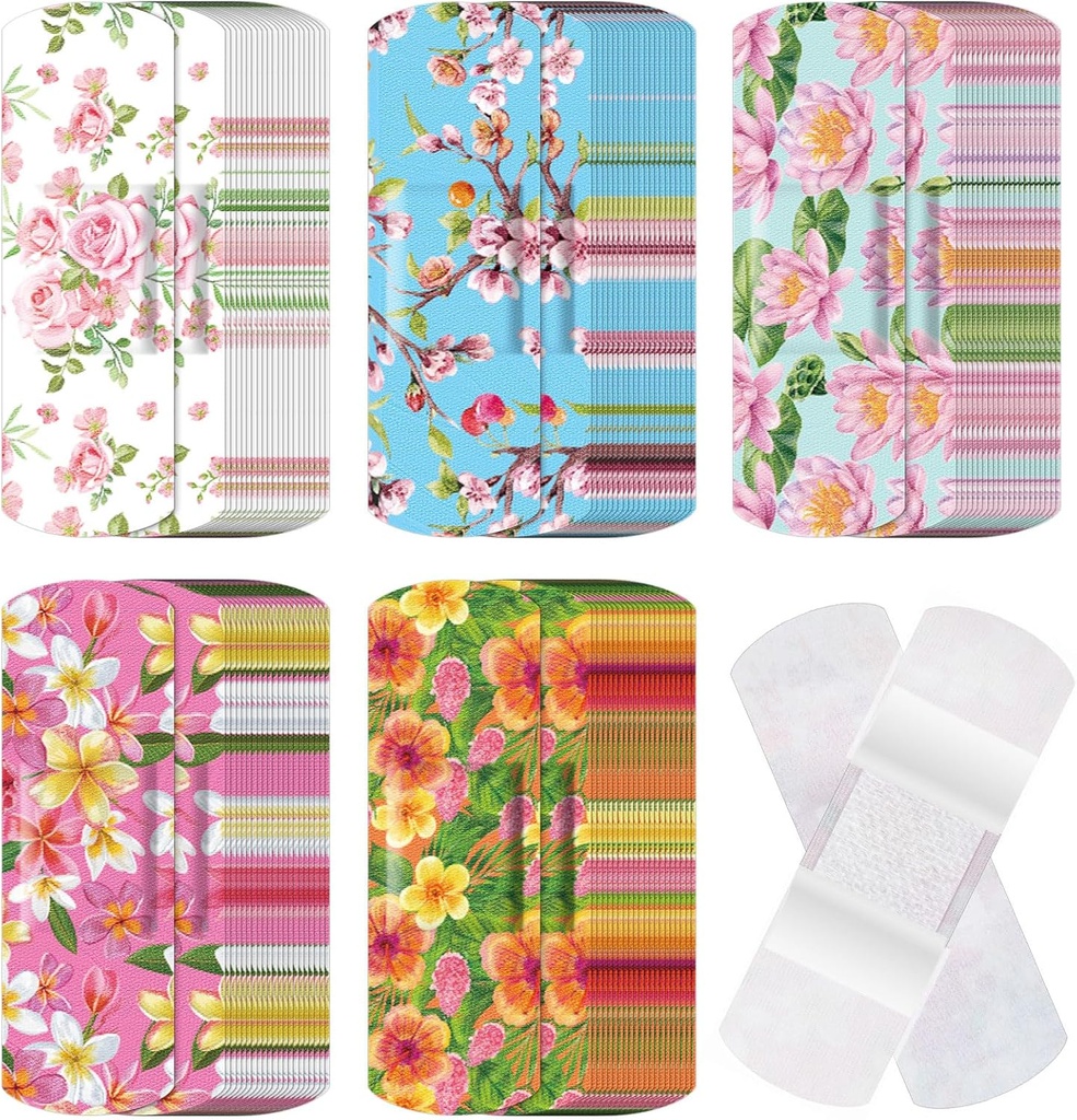 120 Stuks Stof Kleefstof Flexibele Bandages Bulk Diverse Vormen en Patronen Kleine Kleurrijke Mooie Stof Bandages met Non Stick Pad 3 x 1 Inch voor sneetjes Wond Scrapes Vrouwen(Floral)