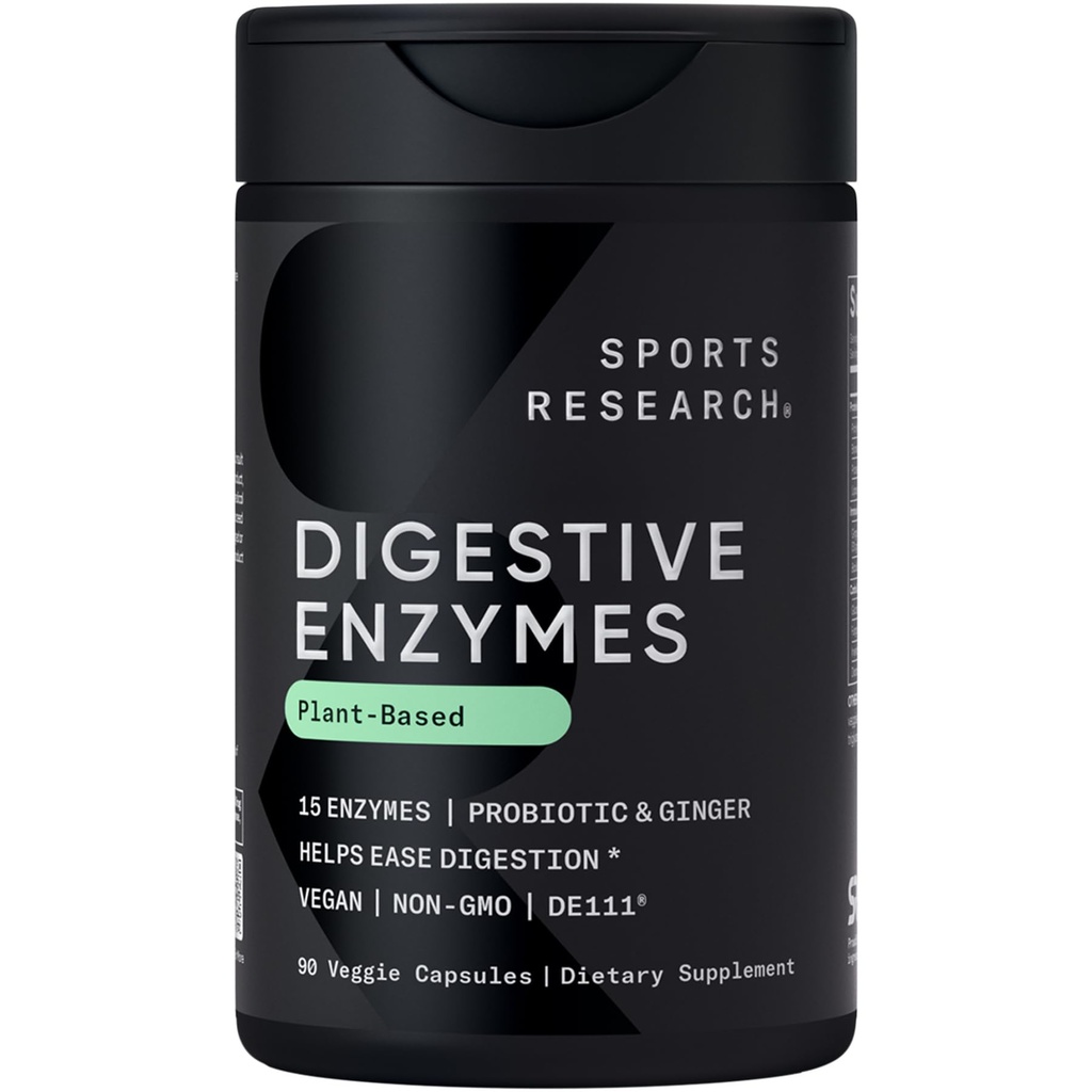 Recherche sportive Enzymes digestifs avec probiotiques et gingembre - Plante à base de lait, protéines, sucre et glucides - Non-OGM Vérifié et végétalien amical (90 capsules de légumes)