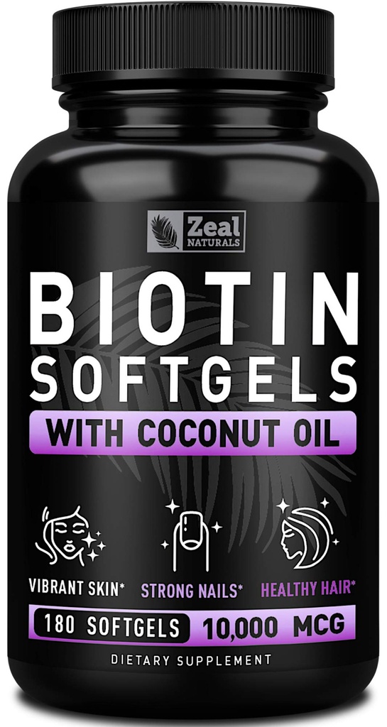 Zéal Biotine 10000mcg avec huile de coco biologique Softgels.com Supplément de vitamine Biotine...