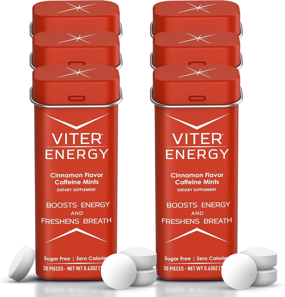 Menthes de caféine de Viter Energy (120 pièces) - 40 mg de caféine, sans sucre, végétalien, complexe de vitamines B, supplément énergétique pilules de caféine (cannelle, 6 paquets)
