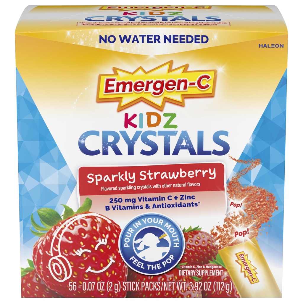 Emergen-C Kidz Crystals, supplément de soutien à l'immuno-émergen-C avec vitamine C, vitamine B, zinc et manganèse, fraise étincelante, stuffing - 56 Stick Packs
