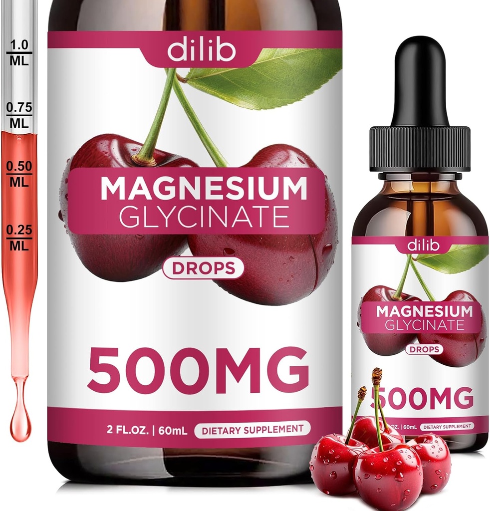 Magnesium Glycinate Supplement, Magnesium Glycinate Liquid Drops 500mg met Calcium, Zink, Vitamine B6, D3, L-Theanine, Omega 3 voor Slaap, Mood, Stress Relief, Bot, Spier, Cherry Flavor