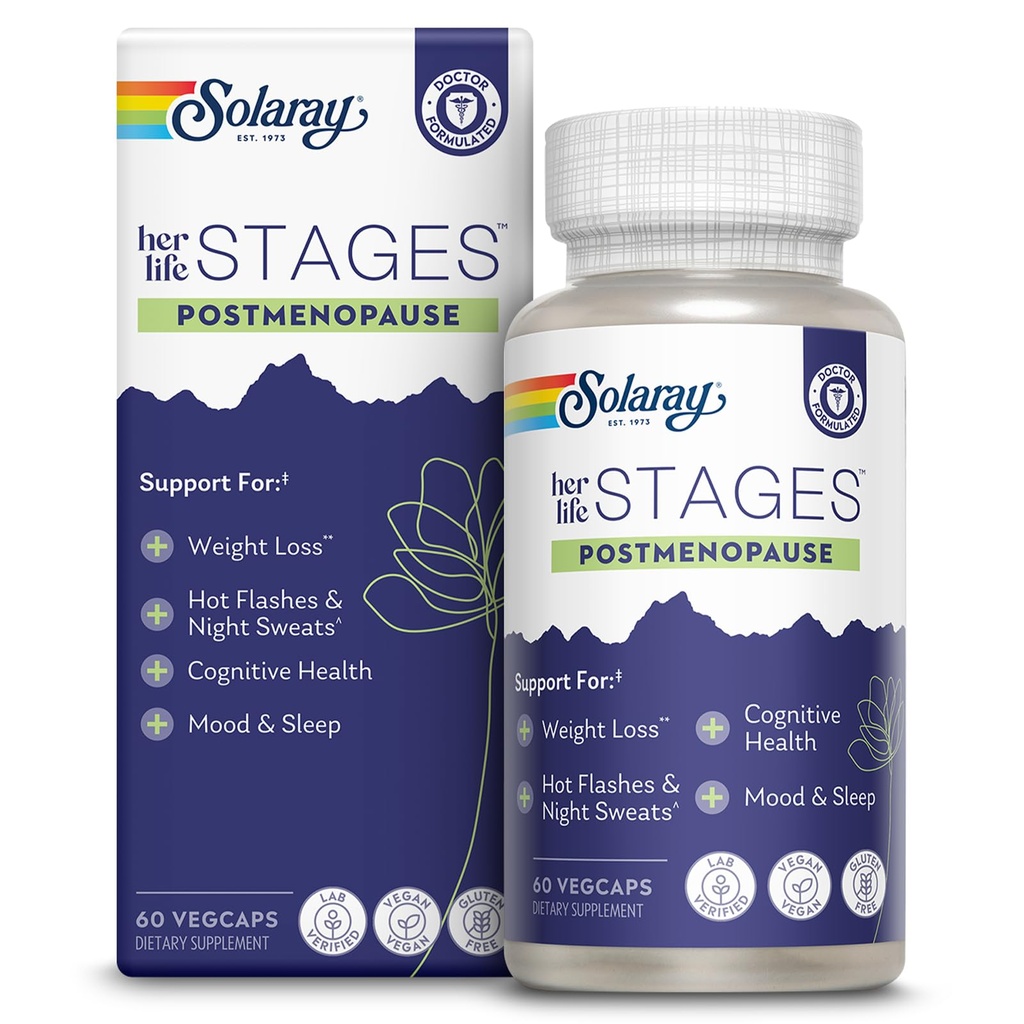 SOLARAY Postmenopause her Life Stages - Post Menopause Supplements for Women with Resveratrol - Vegan and Made Without Hormones - 60-Day Guarantee - Vegan, Lab Verified - 30 Servings, 60 VegCaps