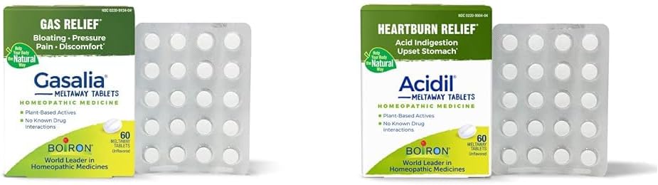 Boiron Gasalia Tablets and Acidil Tablets for Gas, Bloating, Acid Reflux, Heartburn, Indigestie, en Upset Matoom Relief - 60 Telt Elke