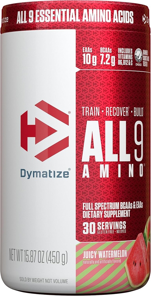 Dymatize All9 Amino, 7.2g van BCAA's, 10g van het volledige spectrum essentiële aminozuren per portie voor herstel en optimale spier eiwitsynthese, sappig watermeloen, 30 porties, 15.87 Ounce