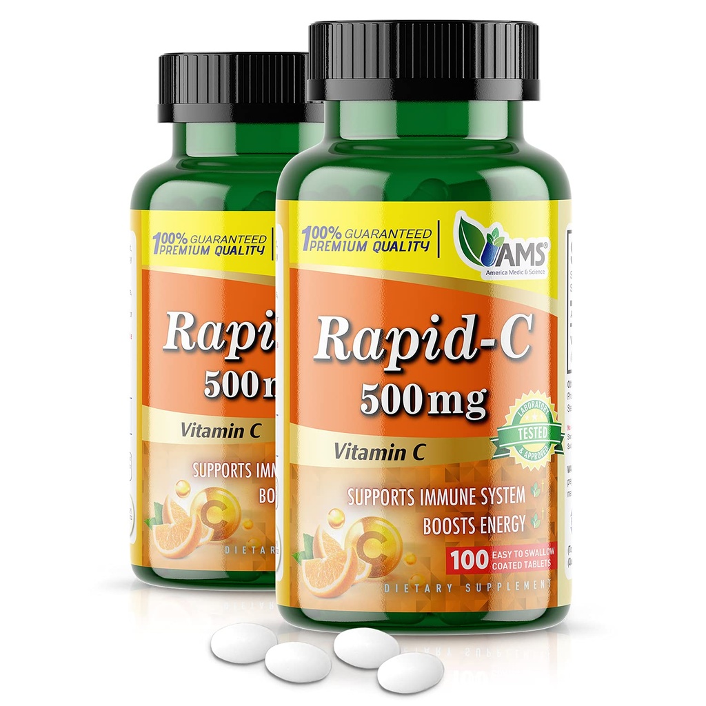 America Medic & Science Rapid-C 500mg Vitamine C Supplement (2 Pack of 100 Tablets) Energy Booster, Daily Immuun System Support, Antioxidant 