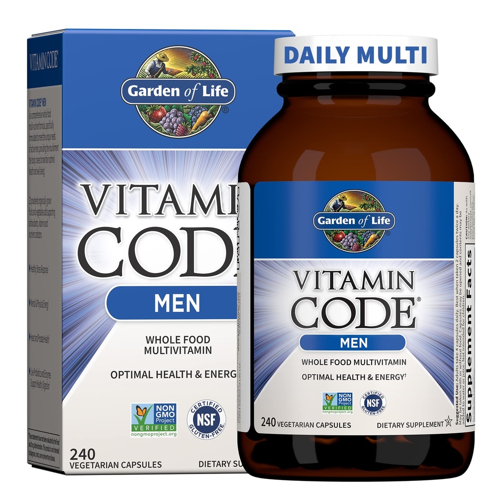Garden of Life Vitamine Code Whole Food Multivitamine voor mannen - 240 Capsules, Vitaminen voor mannen, Fruit Veggie Blend en Probiotica voor energie, hart, prostaat gezondheid, Vegetarische mannen Multivitaminen