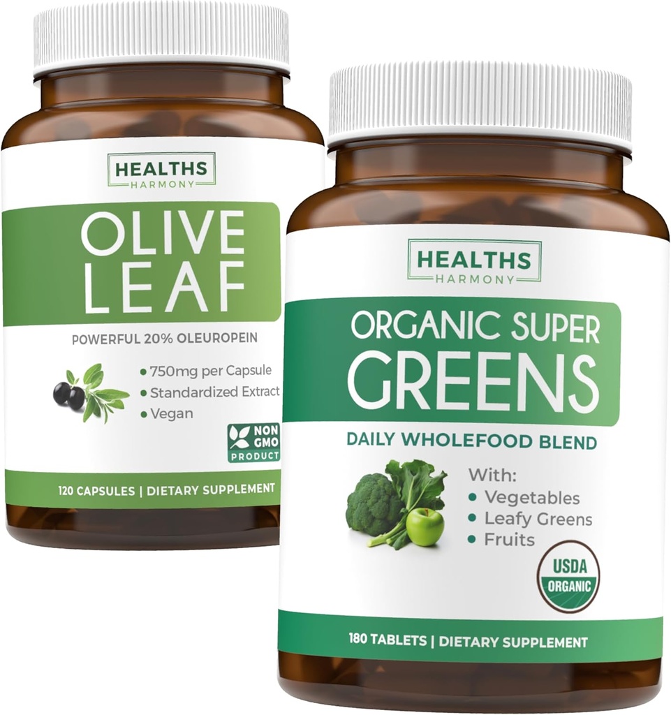 Olive Leaf Extract & Organic Super Greens (4-maand supply) Pure Plant Power Bundle of Olive Leaf Extract (120 Capsules) Super Strength & Organic Super Greens (180 Tabets) Biologische Superfood