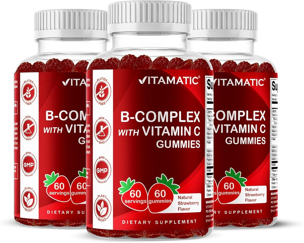 Vitamatic Vitamine B Complex Gummies met vitamine C & Inositol - natuurlijke aardbeiensmaak - 60 Gummies (3 flessen)