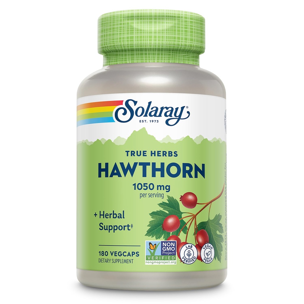 SOLARAY Hawthorn Berry Capsules 1050 mg - Verzachtende kruidenondersteuning - Hawthorne Berry Supplement voor algemene wellness ondersteuning - Whole Berry, Vegan, Non-GMO, 60 dagen garantie, 90 porties, 180 VegCaps