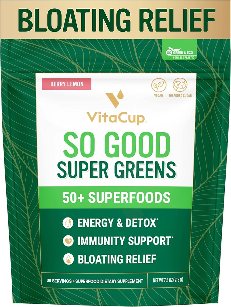 VitaCup So Good Super Greens Powder w/ 50+ Premium Superfoods, Boost Energy, Detox, Immunity w/Probiotica, Prebiotica, Vezel, Antioxidanten, Adaptogenen, Spirulina, Berry Lemon,30 Servers