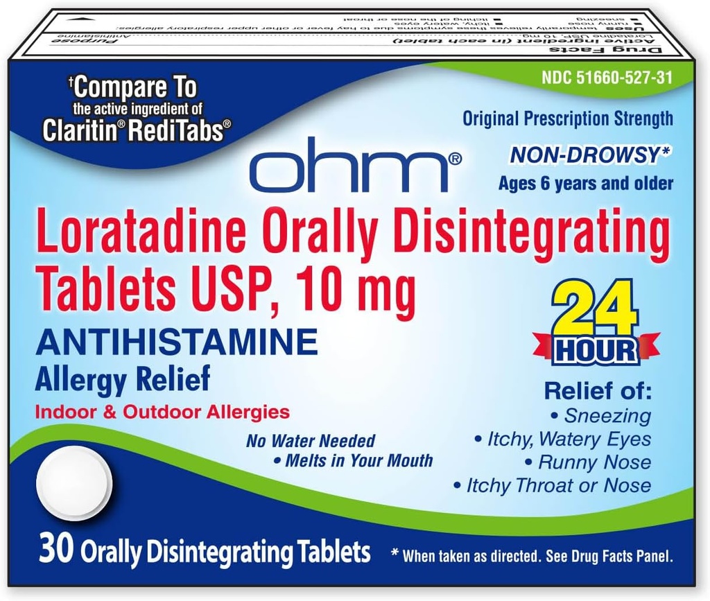 Ohm Loratadine 10 mg Allergie Geneeskunde - Non Drowsy All Day Allergie Relief, 24 uur Antihistamine, Orally Desintegring Tablets, Effective Relief, voor leeftijden 6 en ouder - 30 Tellen