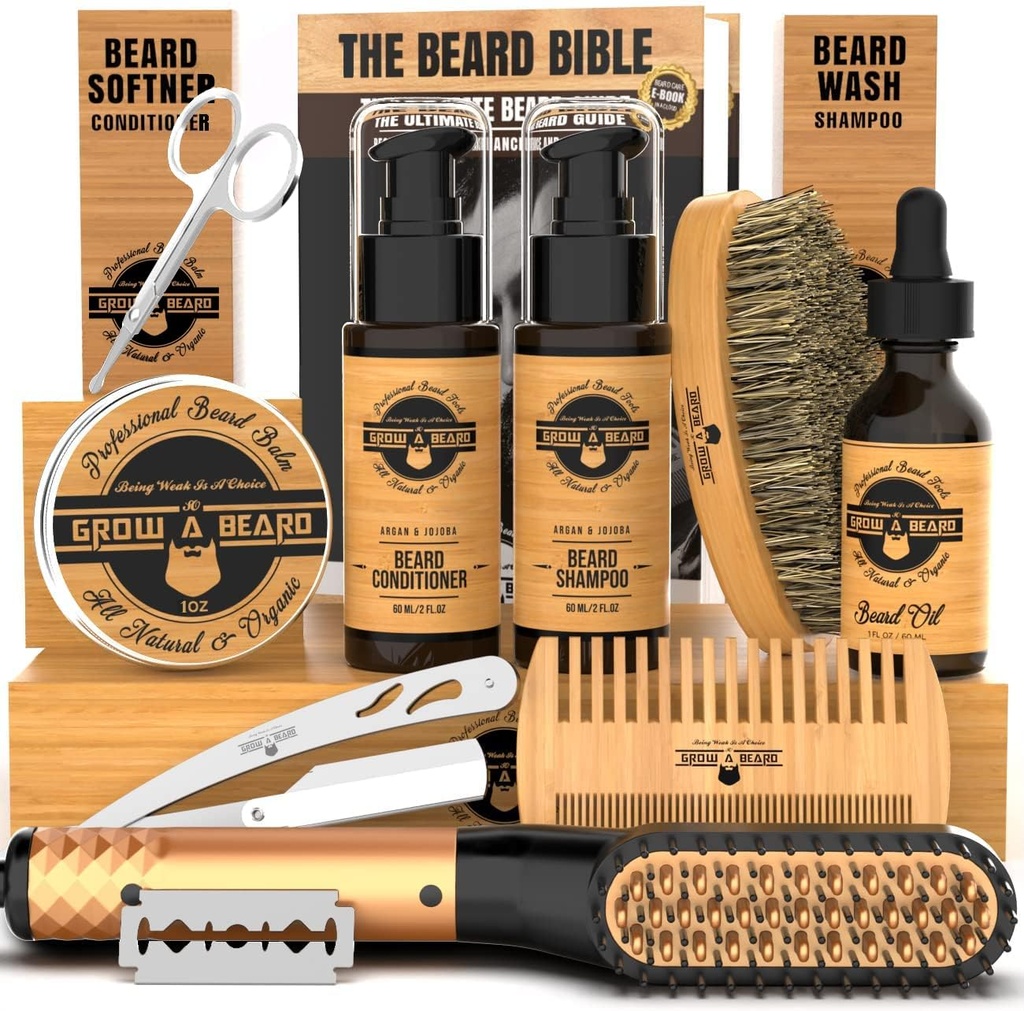 Baard Straightener Grooming Kit voor mannen, Baardgroei Kit, Wash, Borstel & Comb, Ongeparfumeerde Growth Oil, Alle natuurlijke Chanel Balm, Conditioner, Scheermes & Schaar, Grote Gift Idee voor mannen (Bamboe)