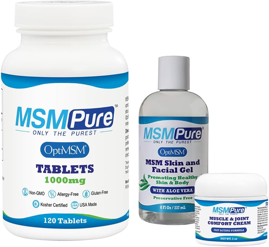 KALA GEZONDHEID MSMPure Starter bundel met MSM tabletten 120 Tel, MSM Muscle & Joint Cream 2oz en MSM Gel met Organische Aloë 8oz