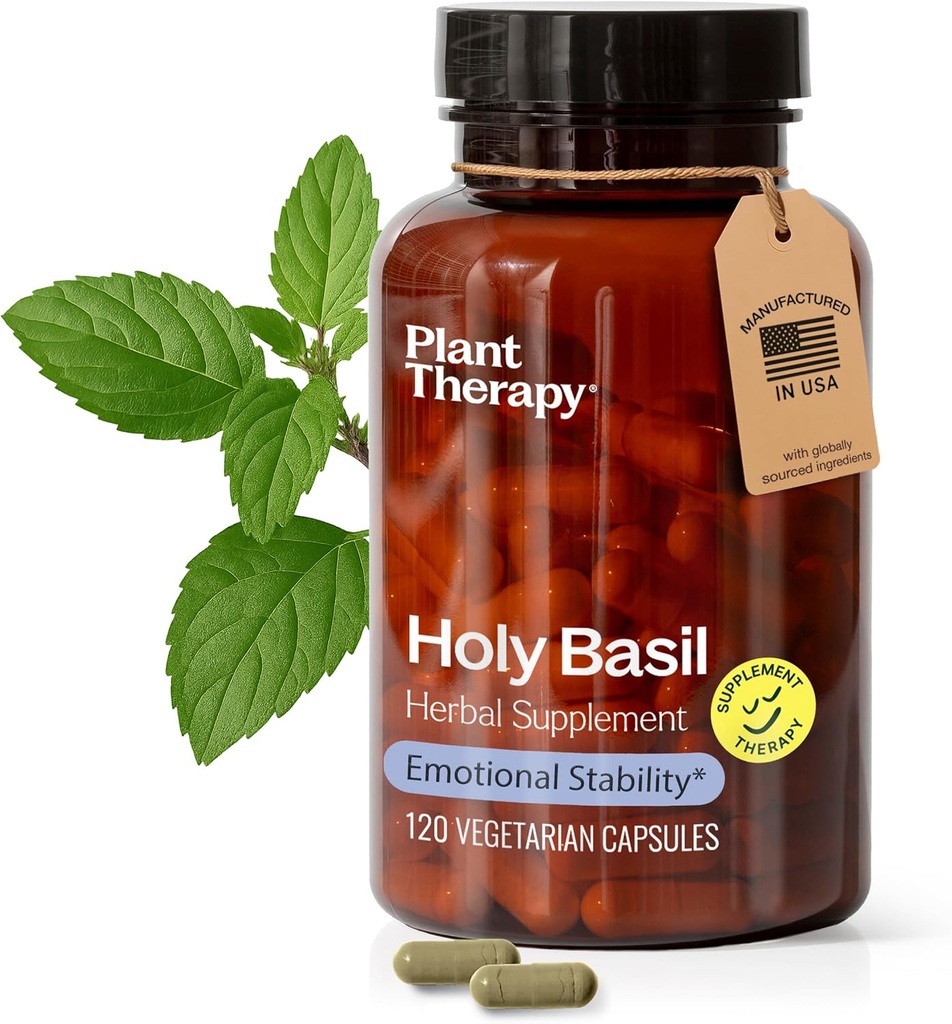 Plant Therapy Holy Basil Capsules fabriqués aux États-Unis 4 mois d'approvisionnement soutient la stabilité émotionnelle, l'humeur positive, combat Fatigue et suppléments de tension mentale pour les femmes et les hommes 120 Capsule végétarienne