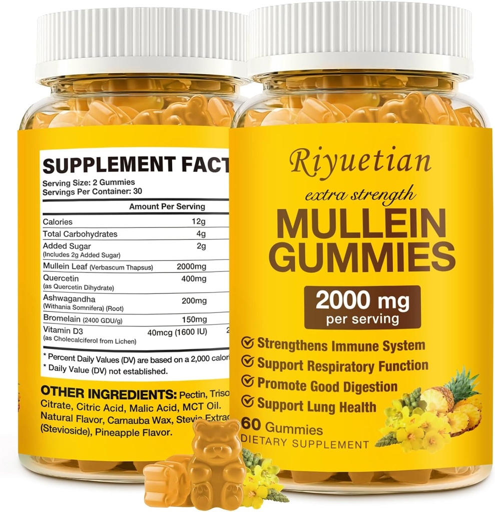 Mullein Gummies, 2000mg Organic Mullein Leaf Extract for Clear Longs, Boost Respirator & Digestief, Immune Booster for Adults & Kids, Allergie Friendly, Non-GMO, 60 Gummies