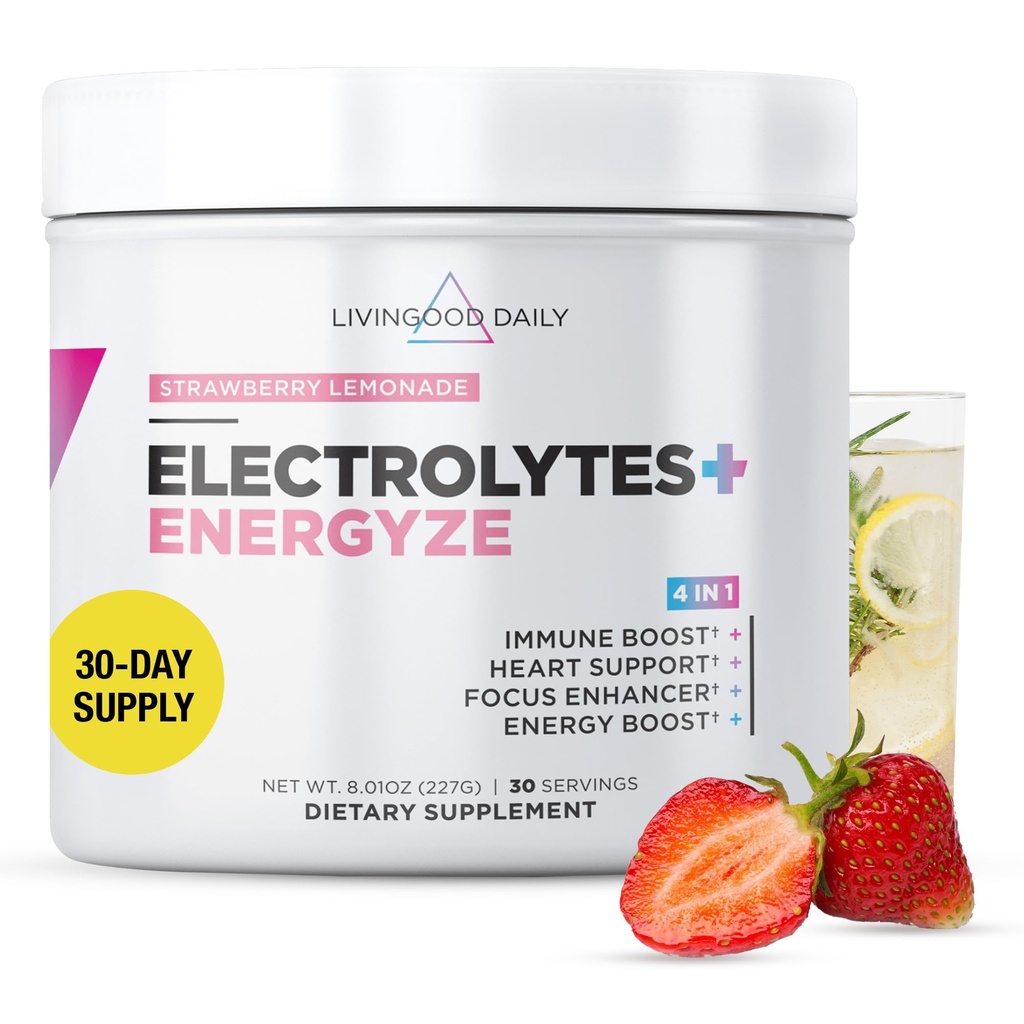 Livingood Daily Electrolytes Powder, Electrolytes Hydration Powder with Vitamin C, Taurine, D Ribose & FOS, Sugar Free Electrolyte Drink Mix, Keto, Gluten Free, Aardbei Limonade, 30 Servers