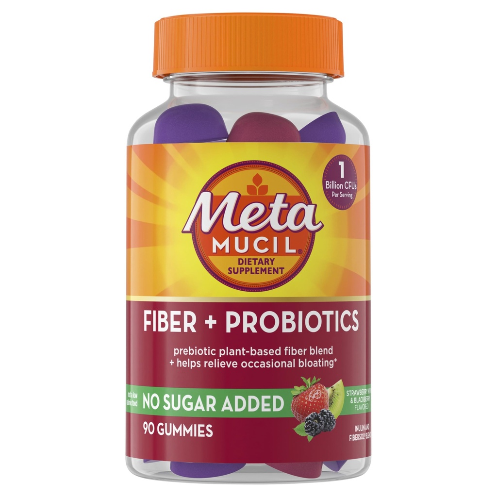 Gommies de fibre de métamucil pour les adultes avec probiotiques pour le soulagement de ballonnement, Pas de sucre ajouté Fraise Kiwi BlackBerry Flavors, 5g Mélange de supplément de fibre à base de plantes prébiotiques, 90 Compte