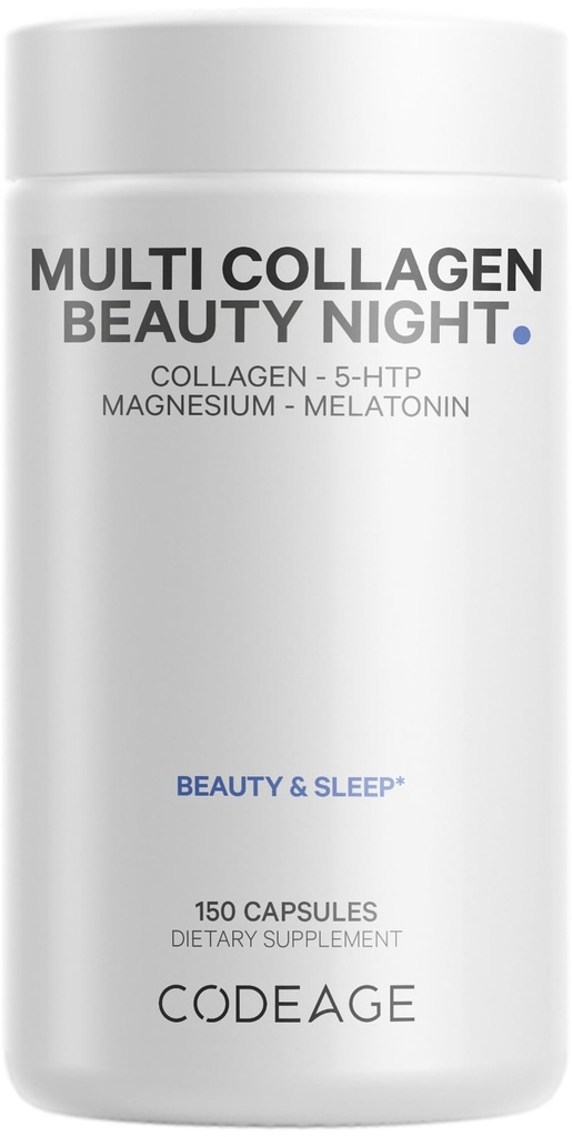 Codeage Multi Collagen Protein Beauty Night - Melatonin, Magnesium Bisglycinate, 5-HTP, L-Theanine, English Lavender Flower, Bone Broth - Vitamins - Supplement - Sleep Pills - Non-GMO - 150 Capsules