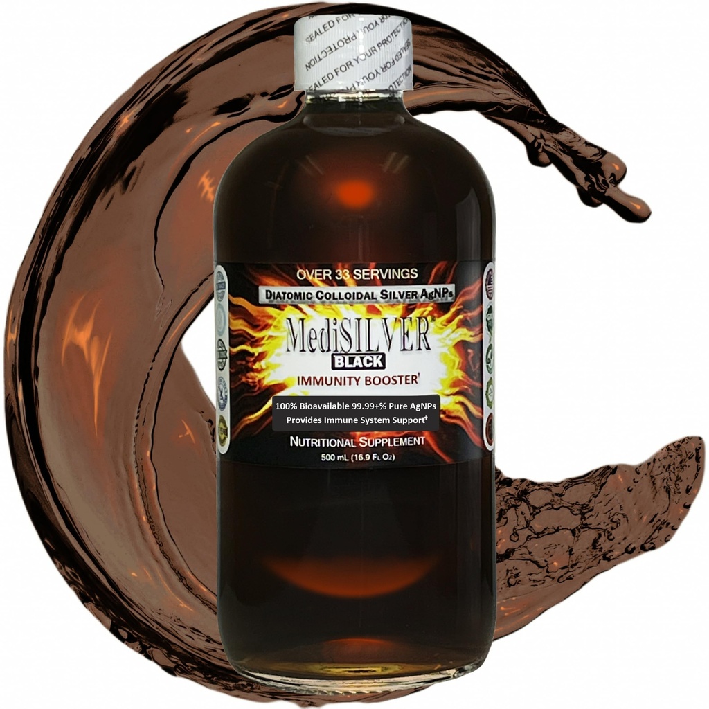 MedisILVER Black Immunity Booster Diatomic True Colloïdal Silver AgNP Nutrient - 500 ml in Clear Glass Bottle