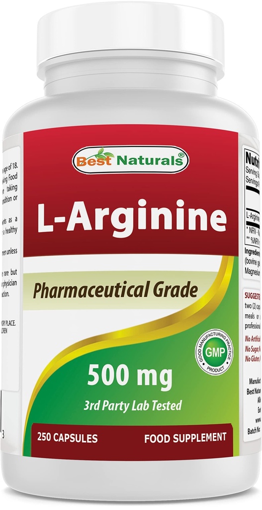 Best Naturals L-Arginine 500mg 250 Capsules - Pharmaceutical Grade L Arginine supplement bevordert stikstofmonoxide synthese