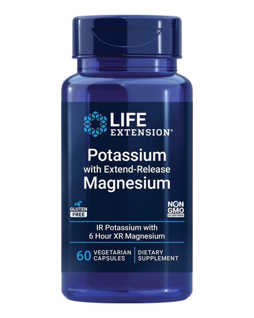 Potassium Life Extension avec Magnésium Extend-Release – Supplément santé cardiaque pour le soutien de la pression artérielle avec deux minéraux essentiels – Non-OGM, végétarien, sans gluten – 60 capsules