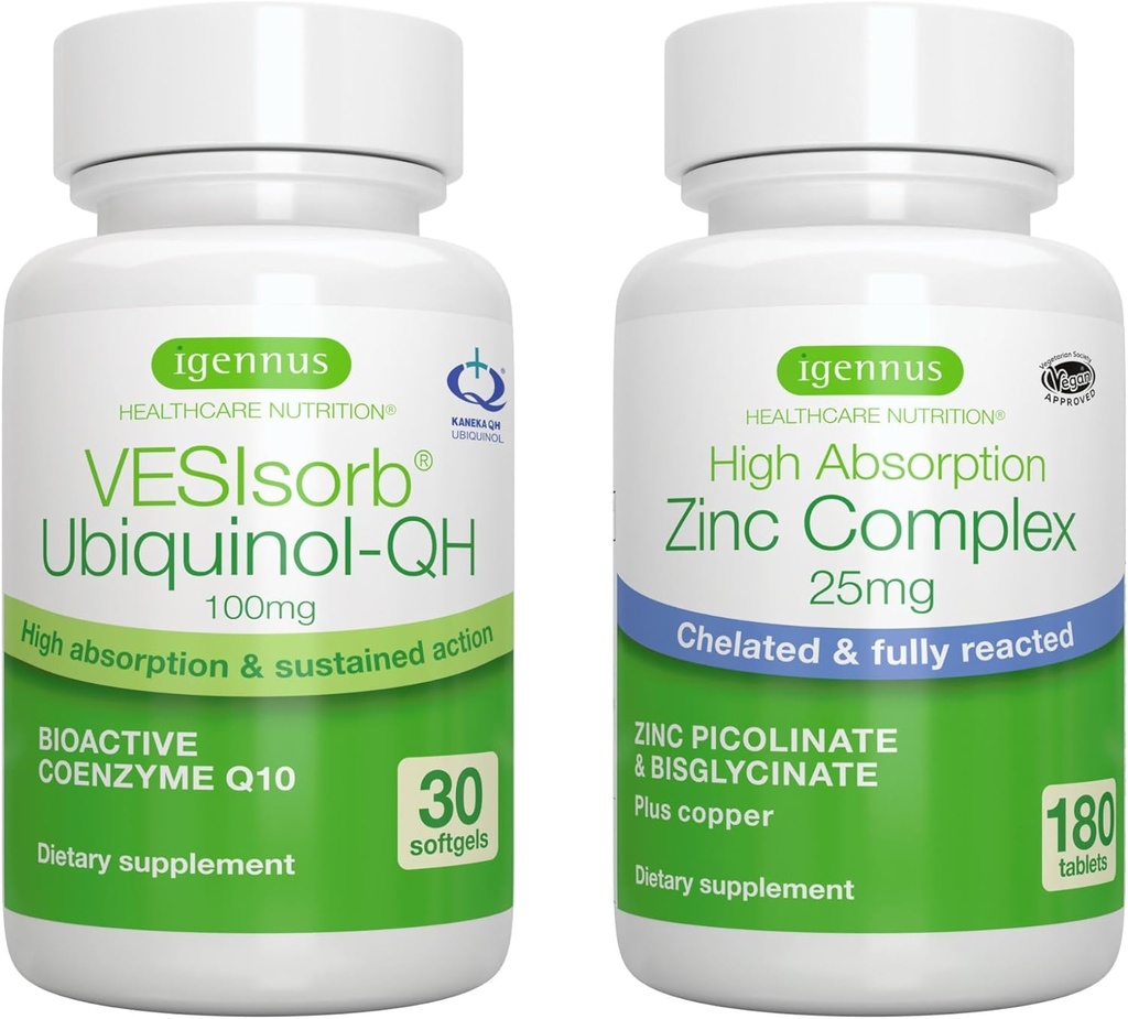 VESIsorb Ubichinol-QH + Zink Complex Bundle for Fertility, Fast-Acting Advanced CoQ10 100mg + 25mg gecheleerd zink, door Igennus