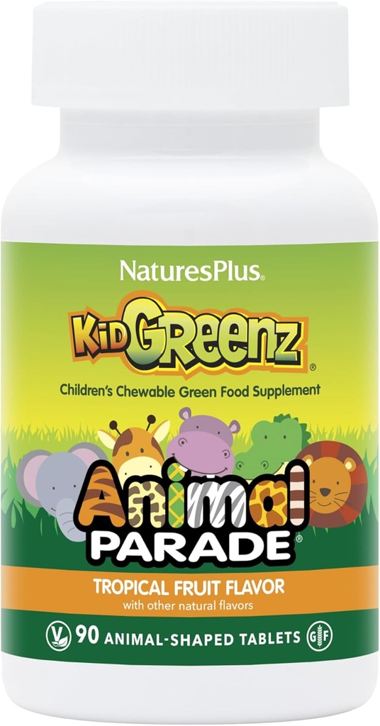 NaturesPlus Animal Parade KidGreenz, Tropische Fruitsmaak - 90 Animal-Shaped, Kauwtabletten - Verpakking van 2 - met Broccoli &