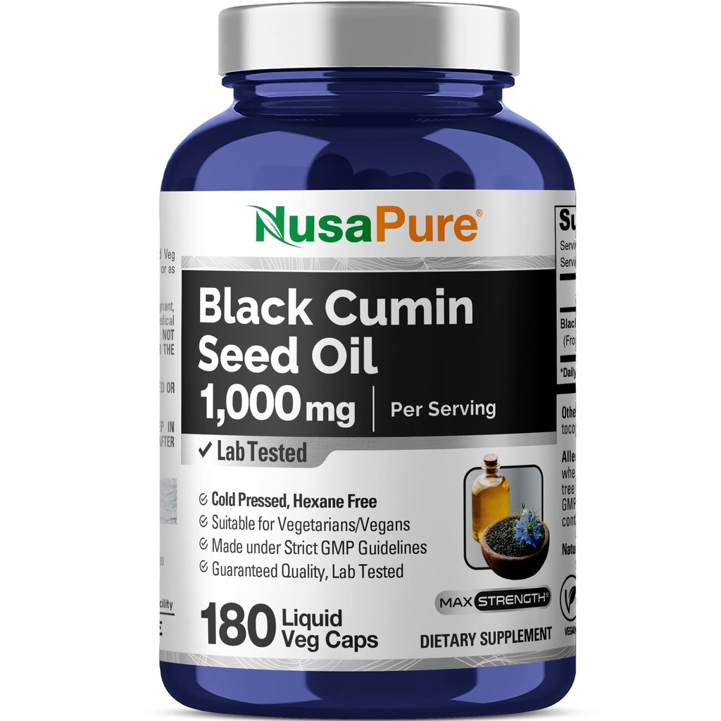 NusaPure Black Seed Oil 1.000 mg per portie 180 Softgel Capsules (Non-GMO, Vegetarisch) Cold-Pressed Virgin Nigella Sativa. Hexanevrij