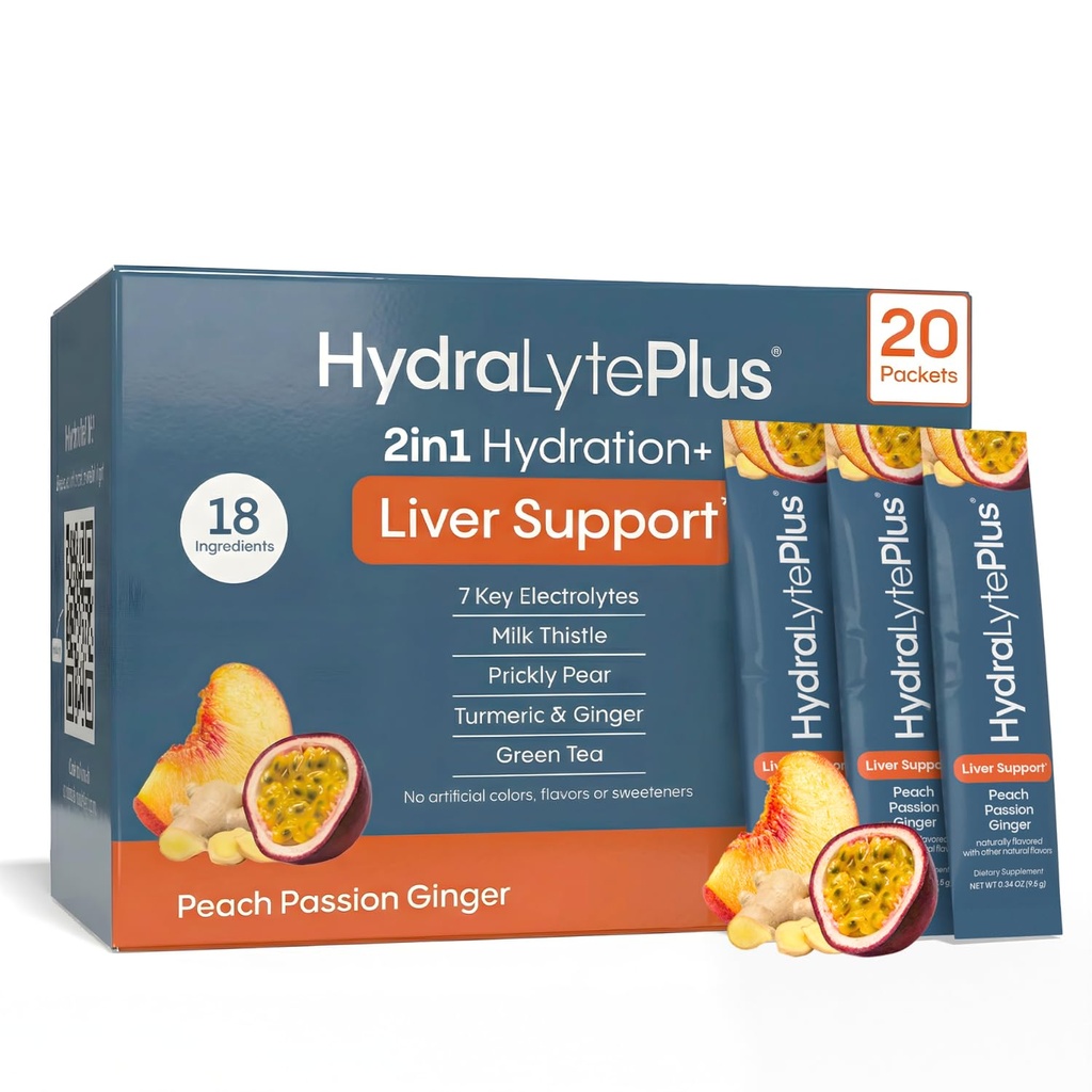 Hydralyte Lever Ondersteuning + Electrolyte Mix met melk distel, Kurkuma, Gember, Prickly Pear, Green Tea Extract Geformuleerd voor snelle rehydratie (Peach Passion Gember, 20 Packets)