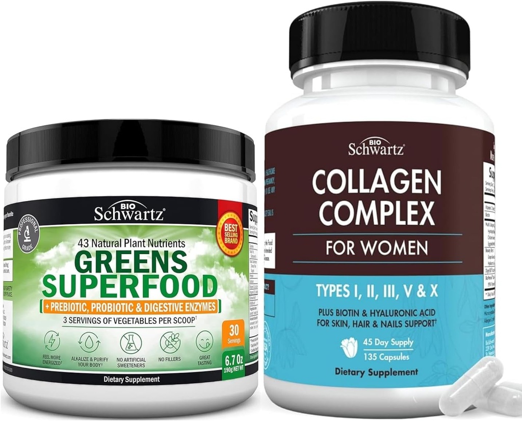 Poudre Super Greens avec Probiotiques Prébiotiques et enzymes digestives (30 portions) Plus Capsules de peptide de collagène hydrolysé (45 jours d'approvisionnement)