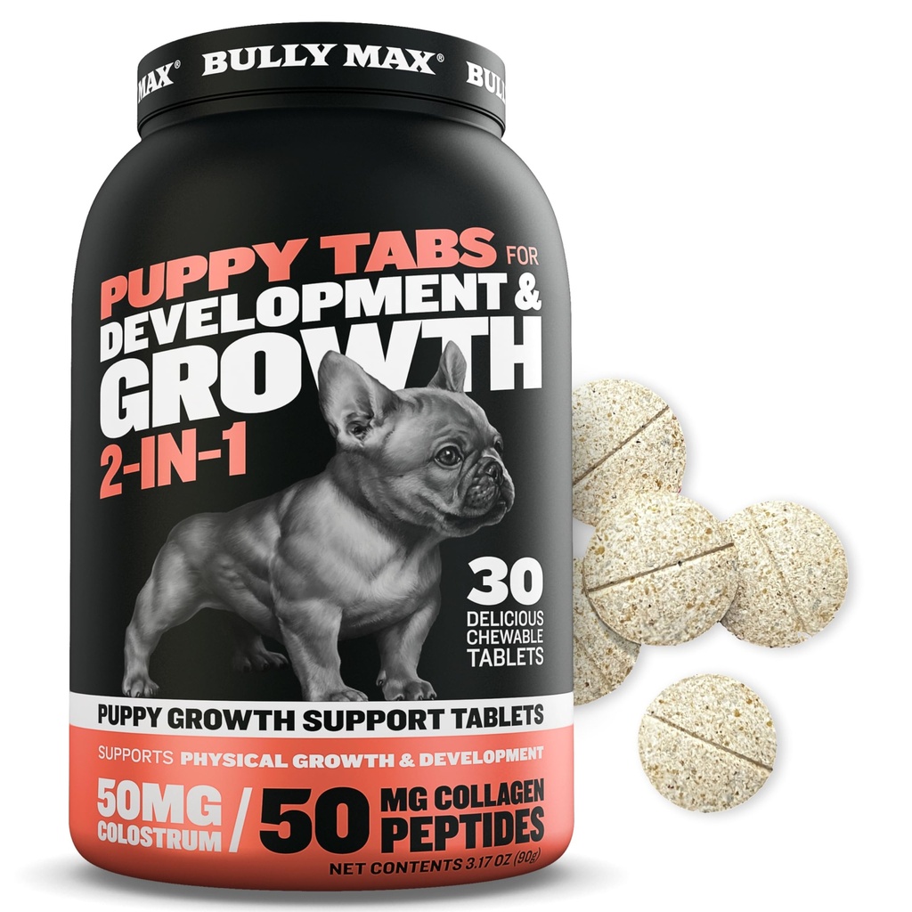 Bully Max 2-in-1 Puppy Vitaminen - 30 Kauwtabletten voor de ontwikkeling en groei van puppies - Hond Treats, vitamine en supplementen voor kleine honden en groot ras groeiende pups - kan worden gebruikt als voedsel Topper