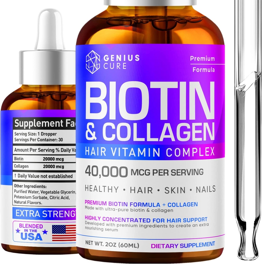 Biotine & gouttes de collagène pour l'absorption facile - Supplément liquide de croissance capillaire - Peau et ongles sains - Unisexe