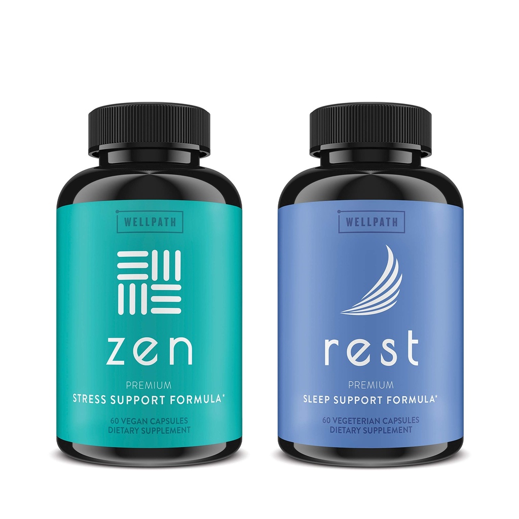 WellPath Zen Mood Support + Rest Valerian Root Sleep Aid Suppléments 2 Pack - Combinaison ultime pour l'humeur calme, l'énergie et le soutien du sommeil naturel - L-Theanine et autres ingrédients naturels - 60 Cts Chacun