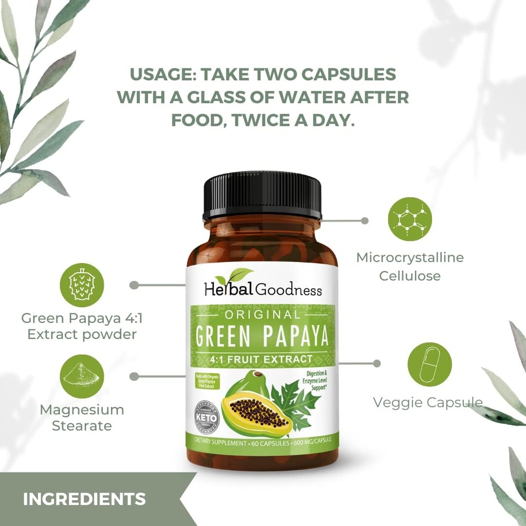 Capsules de papaye verte 4X Strength, Feuille de papaye biologique et extrait de fruits pour plaquettes, santé digestive, enzymes, probiotiques, antioxydants – 600mg, 60 Capsules, cas de 12 – Bonté à base de plantes