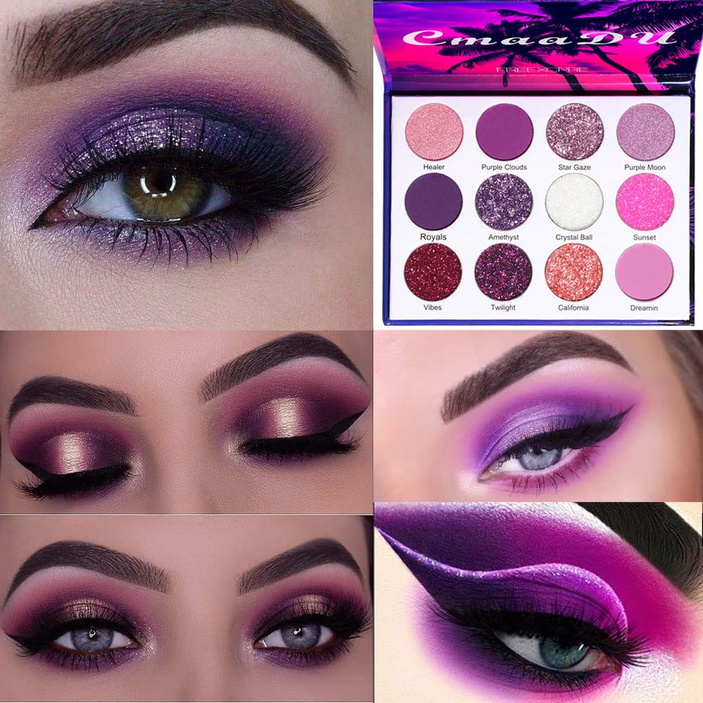 BINGBRUSH 12 Couleurs Glitter Purple Rose Maquillage à l'ombre pas cher,Bright High Pigmented Metallic Shimmer Rainbow Colorful Maquillage à l'ombre pour les filles