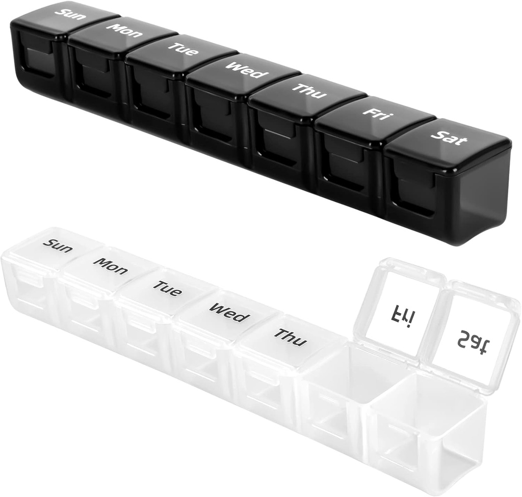 Organisateur de pilules hebdomadaires, Organisateur quotidien de pilules volumineuses et fermes, Boîte à pilules portative pour les voyages, Distributeur de pilules par semaine (noir + blanc)