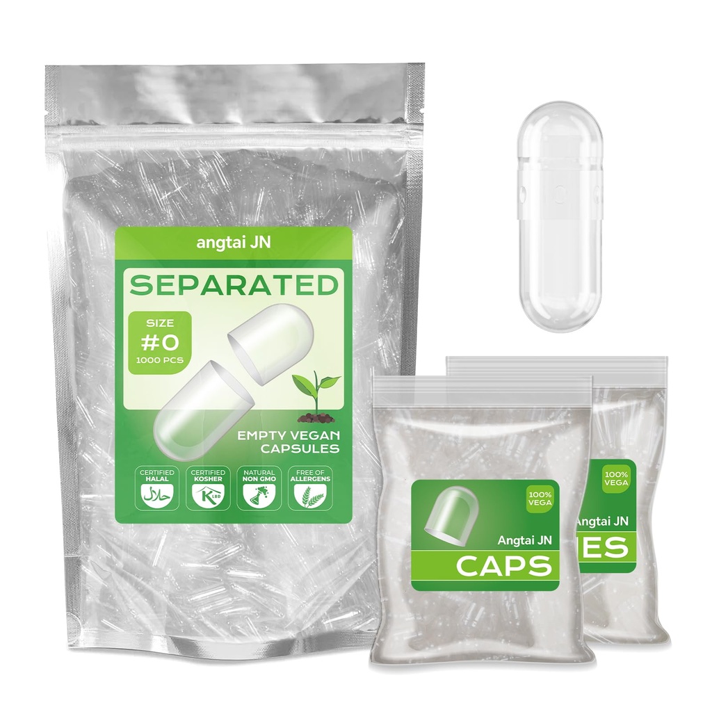Vegan Size 0 Separated Capsules Empty Pill Caps Plant Based Clear (1,000 Caps+1,000 Bodies) Gluten Free, Non-GMO, Halal Certified Filling Kit for Vegetarian DIY Your Own Supplements