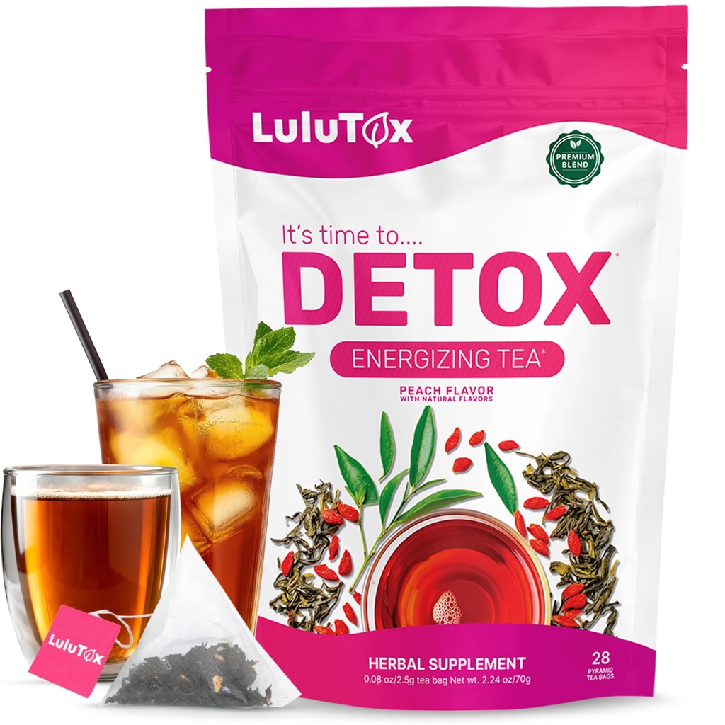 LULUTOX Detox Tea - Herbal Blend with Dandelion, Ginseng, and Ginger - Supports A Healthy Weight, Digestive Health - Vegan, All Natural, Laxative-Free - Peach Flavor (28 Servings)