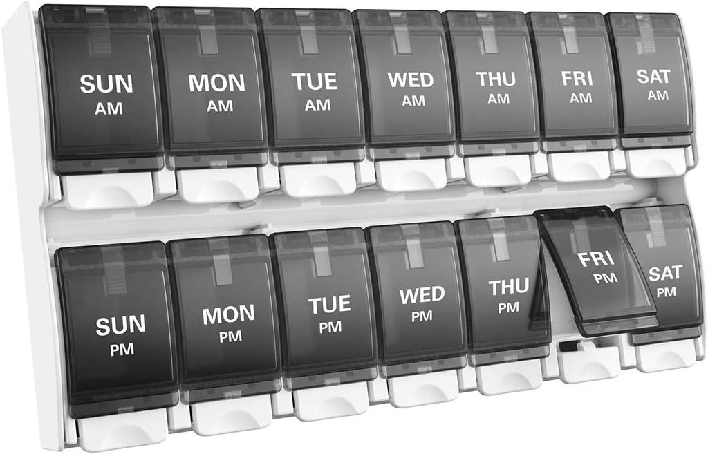 Sukuos Weekly 7 Day Pill Organizer, 2 fois par jour Pill Box cases (AM PM), Organisateur de médecine pour les vitamines / huile de poisson / suppléments, Arthrite Friendly Push Button, Facile à nettoyer