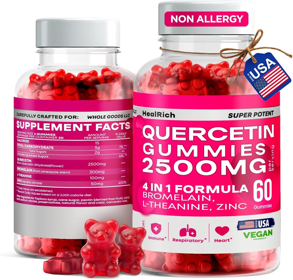Quercetine Gummies - 2500MG Quercetin met bromelain L-theanine & Zink - Pure Supplement for Immune System Lung and Allergie Support - Immunity Booster Vegan Supplements for Kids & Adults - Made in US