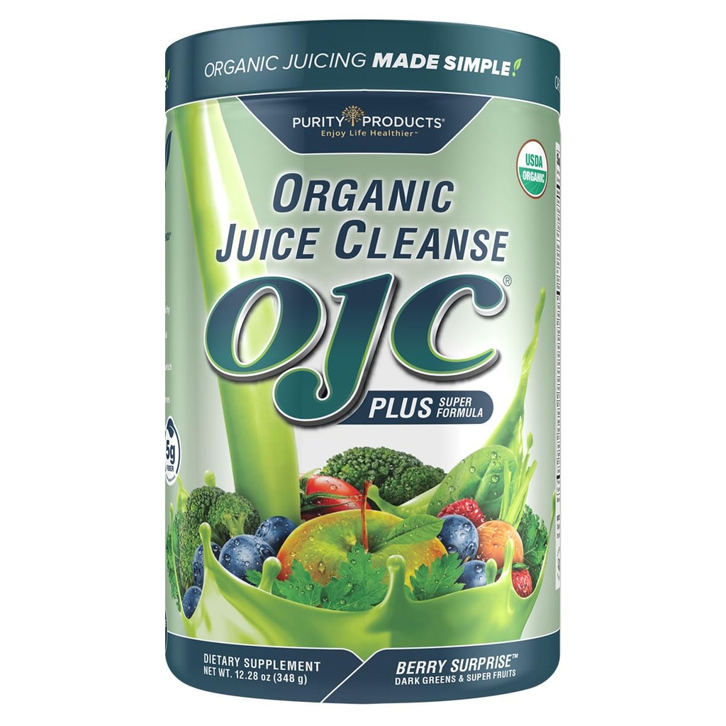 Certified Organic Juice Cleanse OJC Plus Berry Surprise - Purity Products - 30+ Organic Veggys and Fruits - 5 Gram of Fiber - Promoot Energie en spijsverteringsfunctie - 12.28 oz - 348 g - 30 Servings