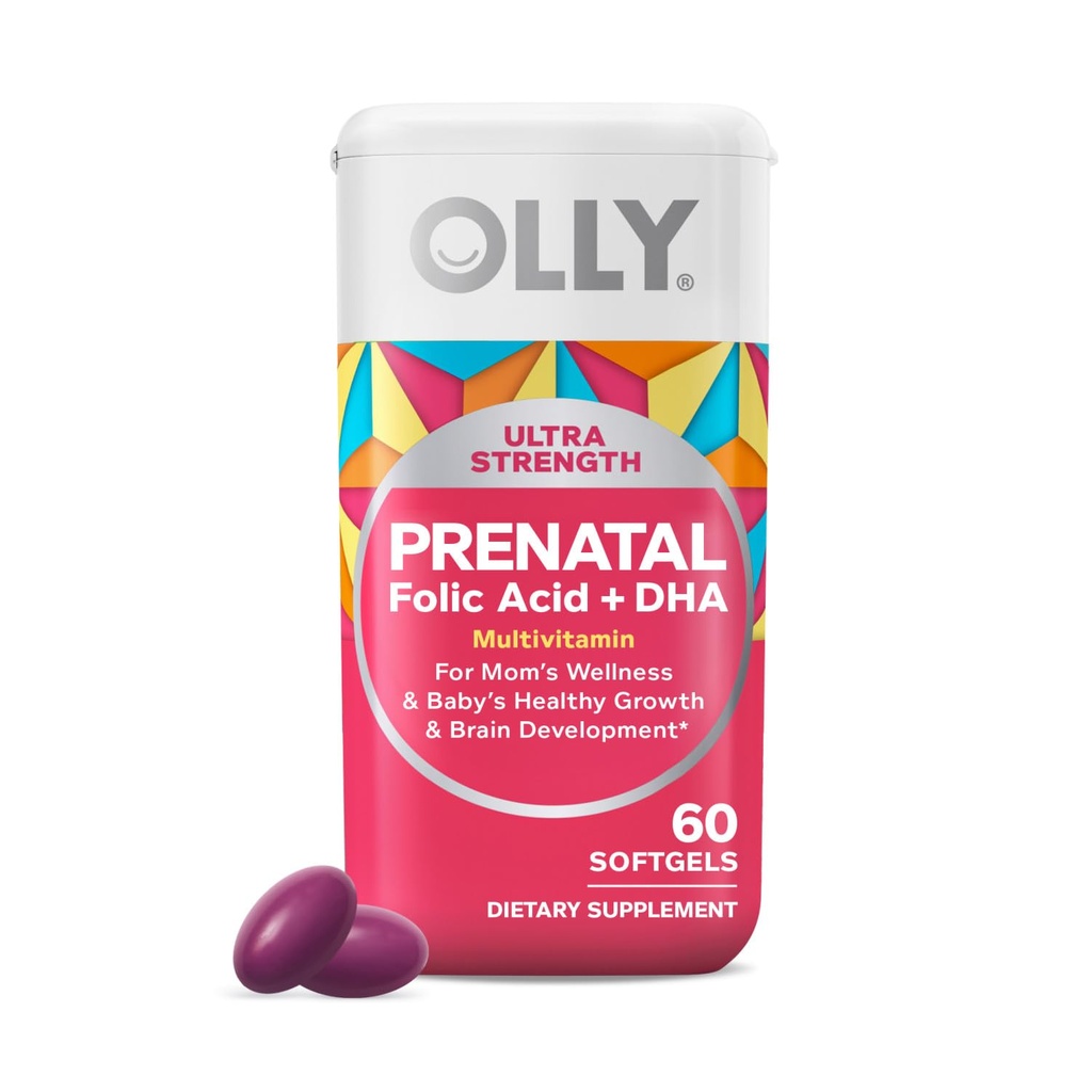 OLLY Ultra Strength Prenatale Multivitamine Softgels, Ondersteunt Gezonde Groei, Hersenontwikkeling, IJzer, Foliumzuur, DHA, Vitaminen C, E, 30 Day Supply-60 Tellen