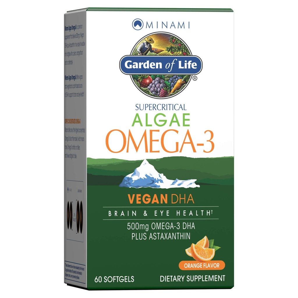 Tuin van het leven Minami Algen Omega 3 Vegan DHA voor Hersenen en Oog Gezondheid - Oranje Smaak, 500mg Plant Based DHA Omega-3 Vegan Algen Olie Plus Astaxanthine, Geen Aftersmaak, 60 Gemakkelijk doorslikken Mini Softgels