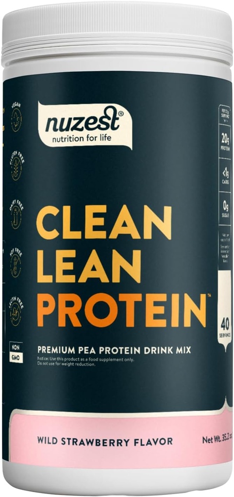 Nuzest - Poudre de protéines de pois - Protéines propres, Poudre de protéines végétales premium, sans lait, sans gluten, sans OGM, naturellement sucré, fraise sauvage, 40 portions, 2,2 lb