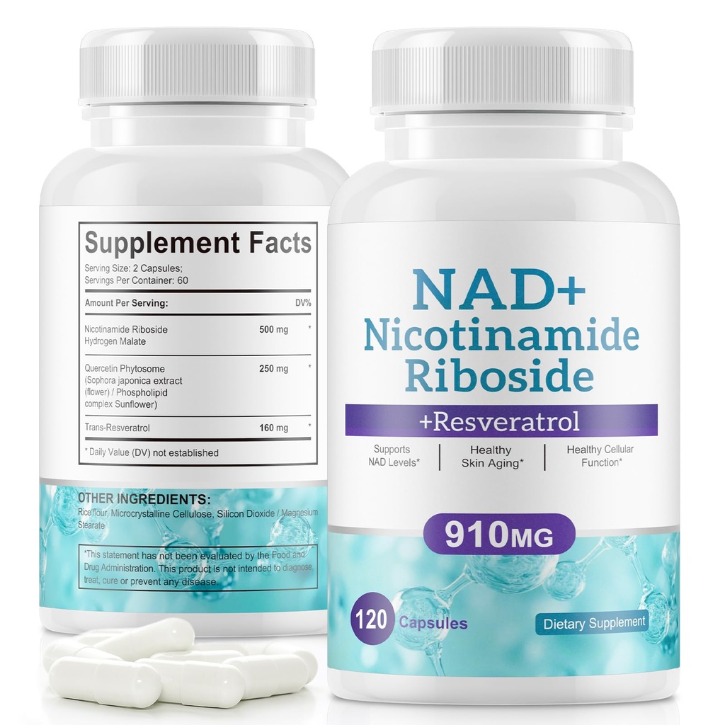 NAD+ Supplement Alternatief - Liposomale Nicotinamide Riboside - Resveratrol & quercetin - Hoge zuiverheid NAD-supplementen voor anti-aging, focus, energie 120 capsules
