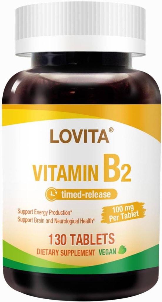 Lovita Vitamin B2 (Riboflavine) 100mg, Getimed Release, 8 Hours Sustained, Support Metabolisme & Nerve Health, 130 Vegan Tablet
