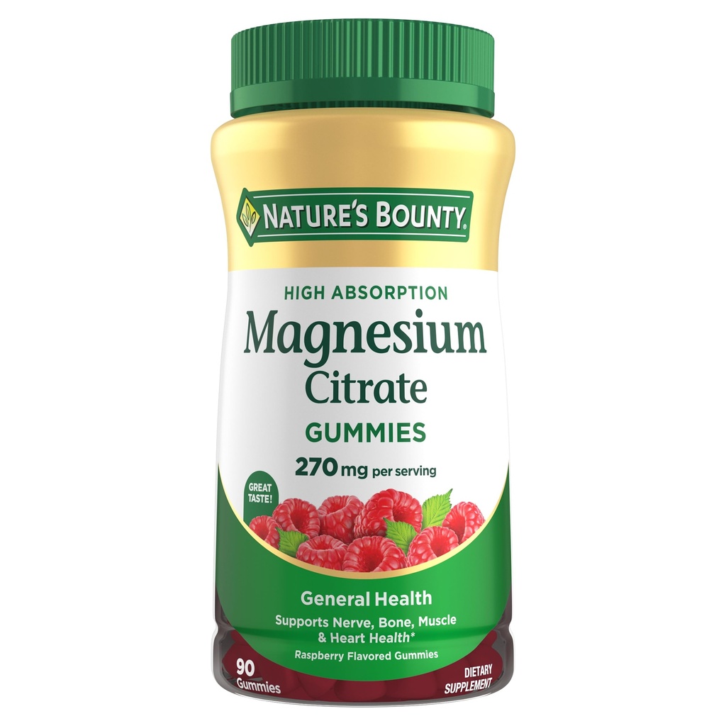 Nature's Bounty Magnesium Citrate Gummies for Adults, Supports General Health, Bone, Nerve, Muscle & Heart Health Support, 270mg per Serving, Vegan, Non-GMO - Raspberry 90 Count