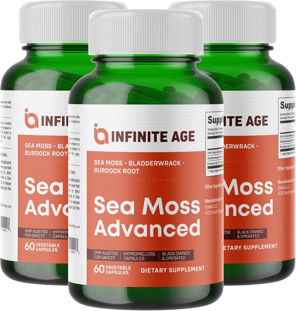 Infinite Age 3 Pack of 1250mg Sea Moss Advanced Superfood Capsules, 180 Count - High-Potency, Vegan, Made in The USA - Irish Seamoss, Bladderwrack, Burdock Root - Algehele gezondheid, Immunity Support